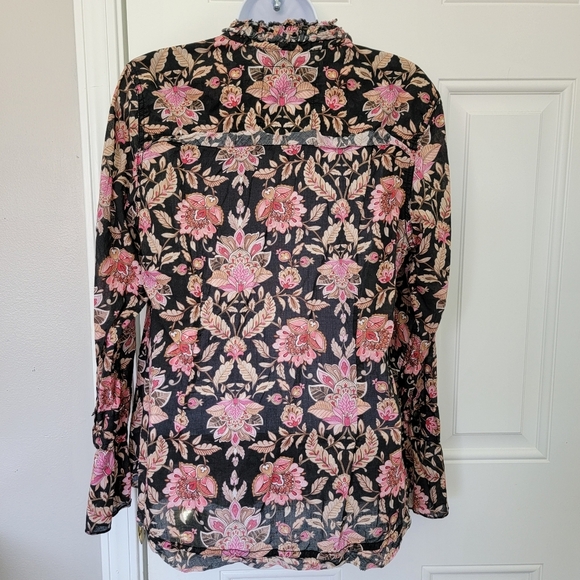 Cuno 100% Cotton Women's Button Up Blouse Black Pink Floral Flutter Sleeve M - Picture 5 of 10